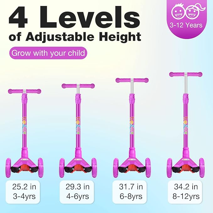 BELEEV A2 Scooters for Kids 3 Wheel Kick Scooter for Toddlers Girls Boys, 4 Adjustable Height, Lean to Steer, Light up Wheels, Extra-Wide Board, Easy to Assemble for Children Gift Sport Toys Ages 3-12