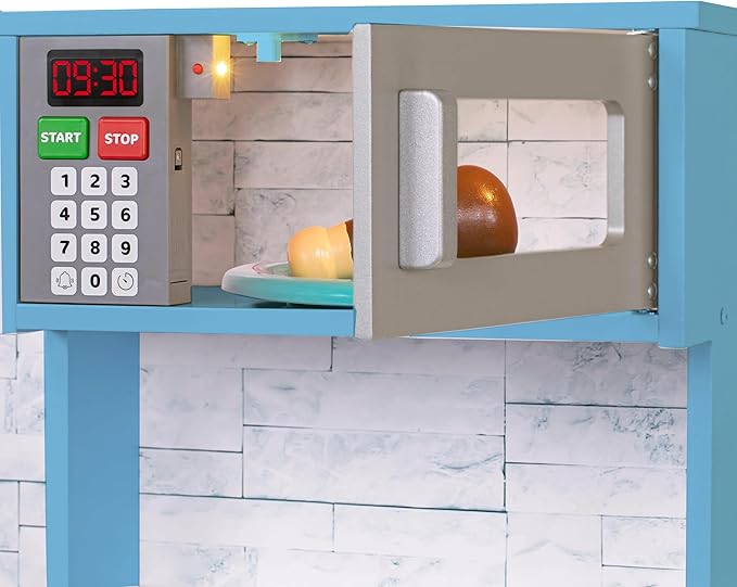 Lil' Jumbl Kids Kitchen Set, Pretend Wooden Play Kitchen, Battery Operated Icemaker & Microwave with Realistic Sound, Pots & Pan Included - Blue