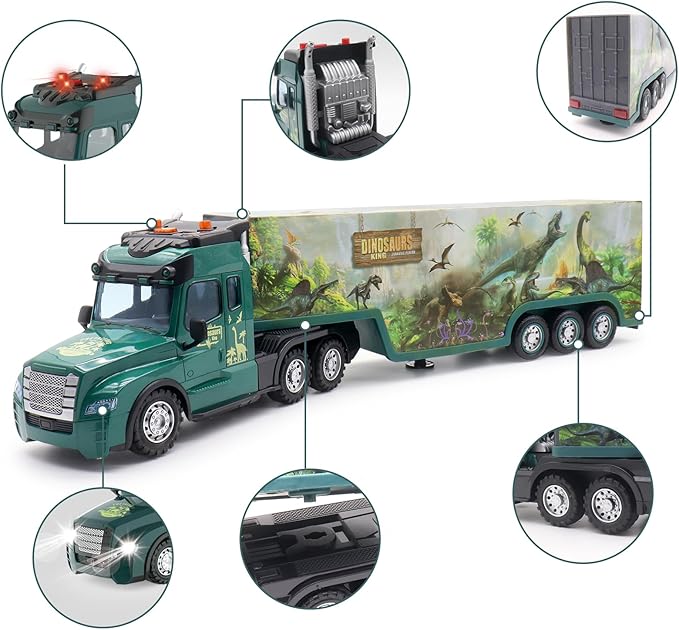 RC Semi Truck with Trailer, 2.4Ghz RC Semi-Trailer Engineering Tractor w/Sound and Colorful Lights, Remote Control Flatbed Truck Toys, RC Construction Vehicles Toy for Boys