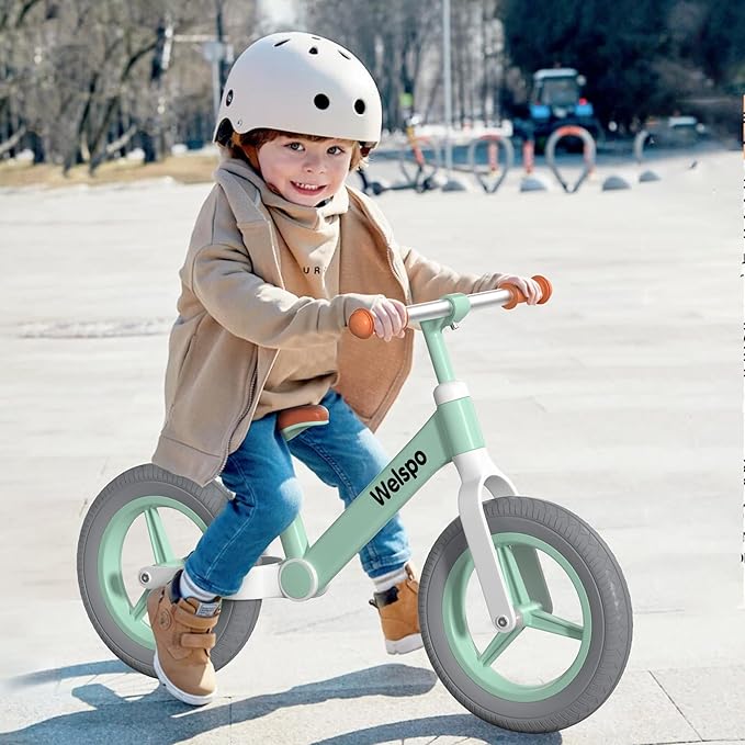 welspo 12-Inch Kids Balance Bike, No Pedal Toddler Bike for 2-5 Years Old Boys and Girls, Lightweight Nylon Frame with Adjustable Handlebar and Seat, Shock Absorption, Anti-Slip PU Airless Tires