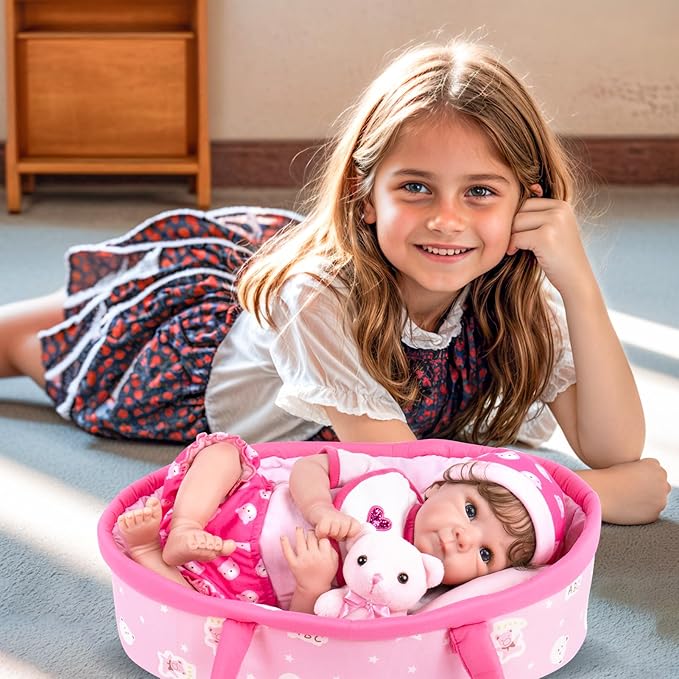 Aori 10 Pcs Reborn Baby Dolls Clothes Set with Pink Bassinet for 16-18 Inch Baby Doll, Carrier Bed and Baby Doll Clothes Outfit Accessories fit Newborn Baby Girl