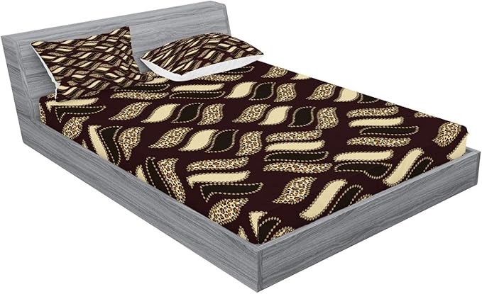 Ambesonne Brown Fitted Sheet & Pillow Sham Set, Ethnic African Style Cheetah Skin Texture Pattern Camouflage Design, Decorative Printed 3 Piece Bedding Decor Set, Calking, Redwood Brown