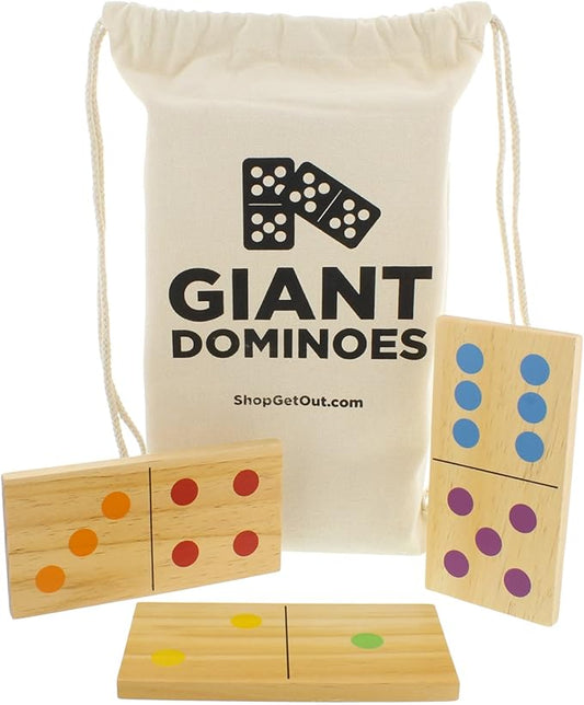 Get Out! Giant Wooden Dominoes 28-Piece Set with Bag – Jumbo Natural Wood & Colored Numbers – Kids Adults Outdoor Games