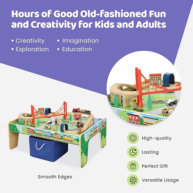 50 Piece Wooden Train Set with Activity Table & Storage Bin - 100% Hardwood Track, Engine, Oil Tanker, Caboose, Fire Engine, Station, Policeman, Farm Animals. Compatible with All Major Brands