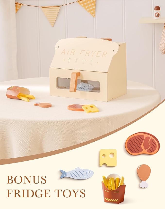 ROBOTIME Wooden Toy Air Fryer for Kids, Play Kitchen Accessories, Wooden Kitchen Play Food Set, Pretend Cooking Toys for Toddlers Kitchen Set, Role Play Gift for Boys & Girls