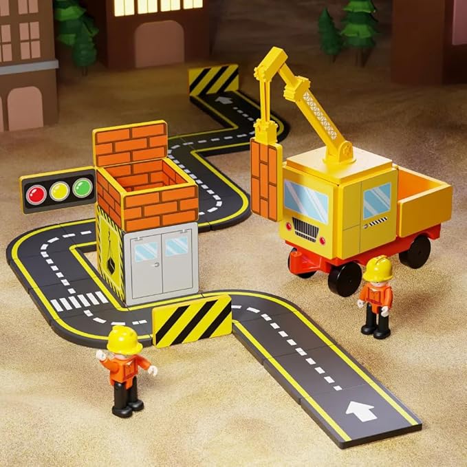 Car Road Track Magnetic Tiles & City Construction Builder Set with Crane and Figures – STEM Building Blocks Toy for Toddler Preschool Montessori Kids - Great Birthday Gift for Boys Ages 3-5 4-8 5-7