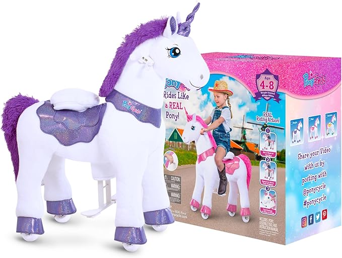PonyCycle Ride on Unicorn Riding Unicorn Toys with Brake, Essential Model E Interactive Toy Unicorn Gifts for Girls (30" Height/Size 3 for Age 3-4) Riding Horse Ride on Toy Stuffed Animal Purple E313