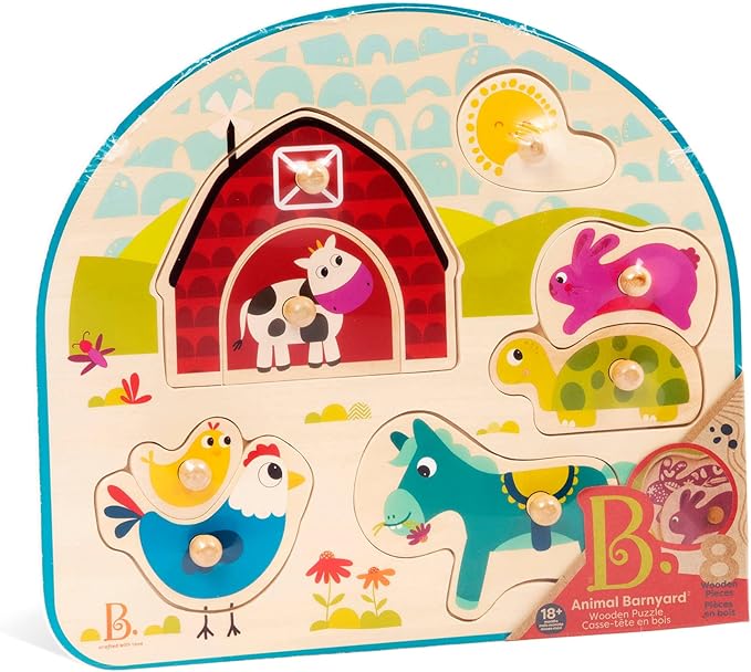 B. Toys- 4 Wooden Peg Puzzles- Dinosaurs, Sea Animals, Vehicles, Farm – Puzzles for Toddlers, Kids – 18 Months +