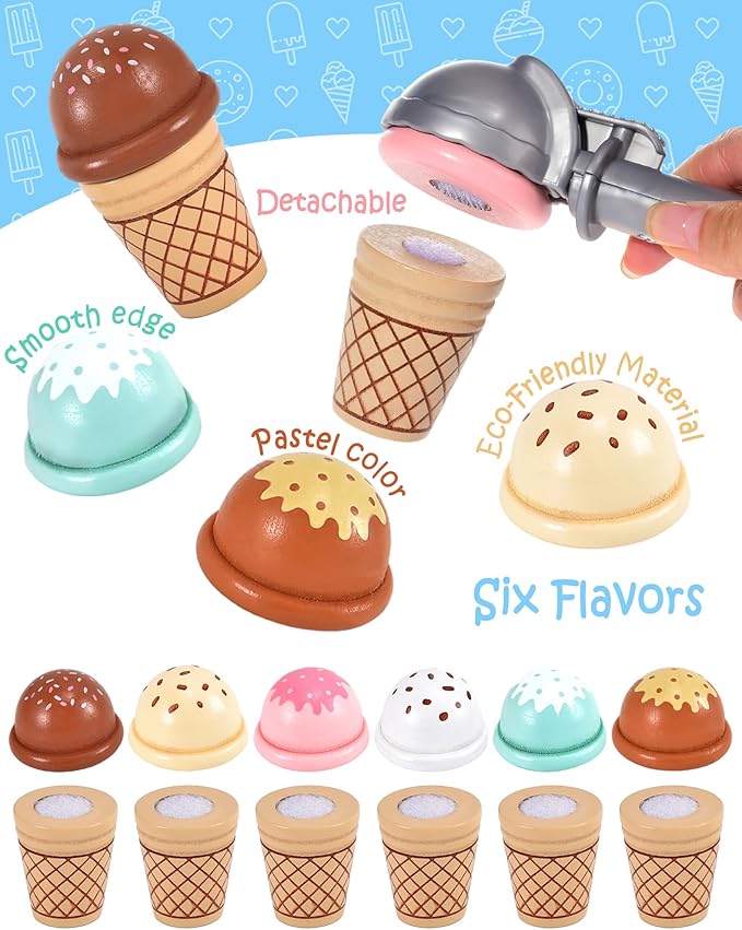 Wooden Ice Cream Toys Kids Kitchen Play Store for Toddlers Girls, Play Kitchen Accessories with Scoop & Menu & Fake Money, Wooden Toys for 3 4 5 Year Old Girls Boys Birthday
