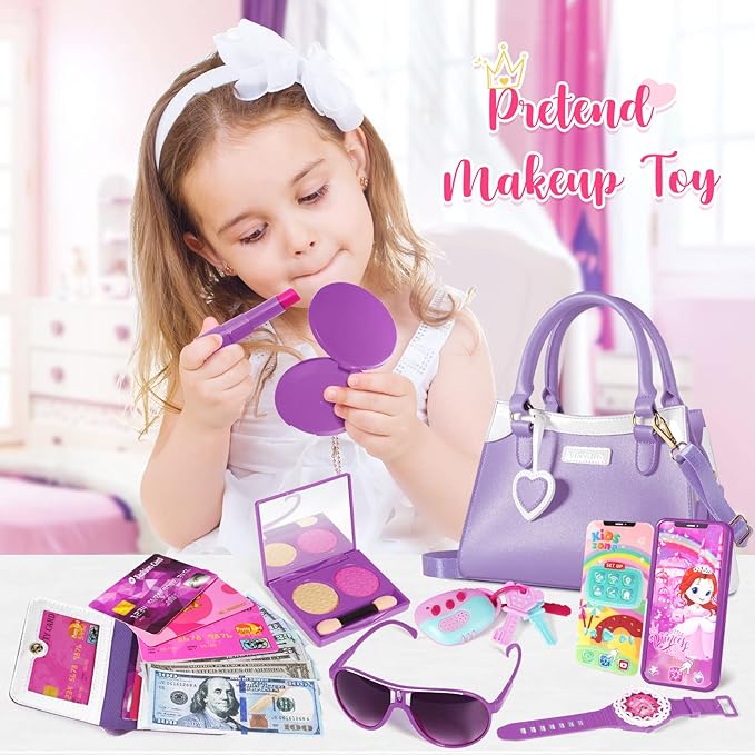 Shemira Play Purse for Little Girls, Princess Pretend Toys for Girls 3 4 5 6 7 8 Years Old, Christmas & Birthday Gift for Girls Age 3-5 4-6 6-8, Toddler Purse with Accessories, Kids Toy Purse, Purple