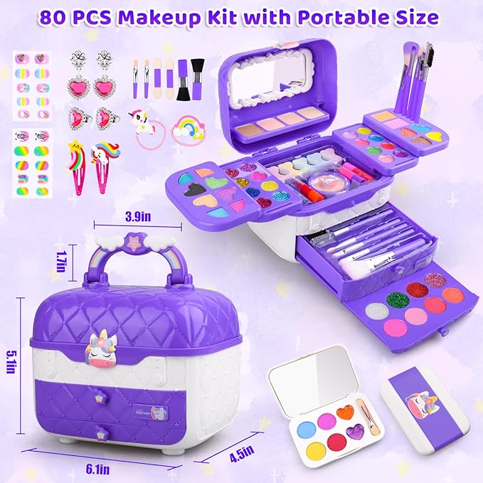 80 in 1 Kids Makeup Set, Washable Kids Makeup Sets Girls Toys, Pretend Play Toy for Dress Up with Toy Case Christmas & Birthday Gifts for Girls Age 3-12 Kids Toddlers, Purple