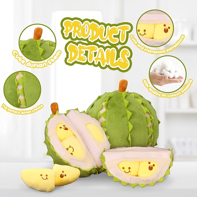 Creative Detachable Durian Plush Toy, Fruit Durian Plush Toy, Decompression Durian Toy, Durian Plush Pillow, Cute Peeling Durian Plush Doll (Musang King-11.81 in)