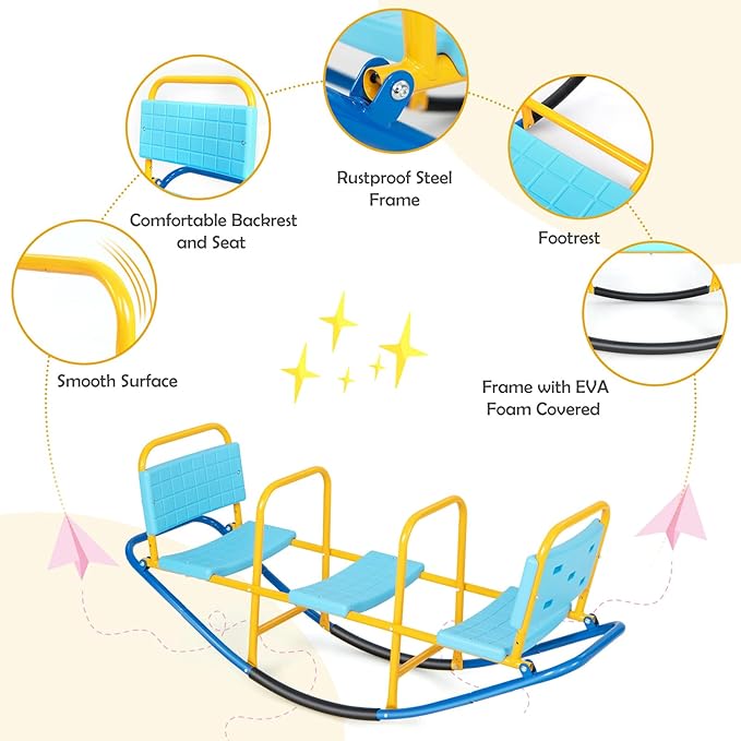 Costzon Teeter Totter Seesaw for Kids Outdoor, 2 in 1 Metal Rocking Seesaw for Toddlers with Easy-Grip Handles, Indoor Outdoor Rocker Toy Gifts for Ages 3-8, 1-3 Person Home Preschool Backyard See Saw