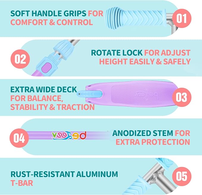 BELEEV A1 Scooter for Kids Ages 2-6, 3 Wheel Kick Scooter for Toddlers Girls Boys, Light up Wheels, Adjustable Height, Lean to Steer, Non-Slip Deck, Lightweight Push Scooter for Children