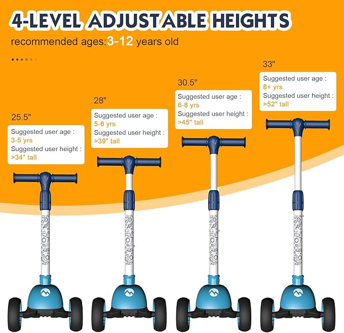 MOUNTALK Kids Scooter for Ages 1-12 Years, 3 Wheels Toddler Scooter for Children Age 1-3/3-5/5-8/8-12 Boys and Girls with Adjustable Heights and LED Wheels
