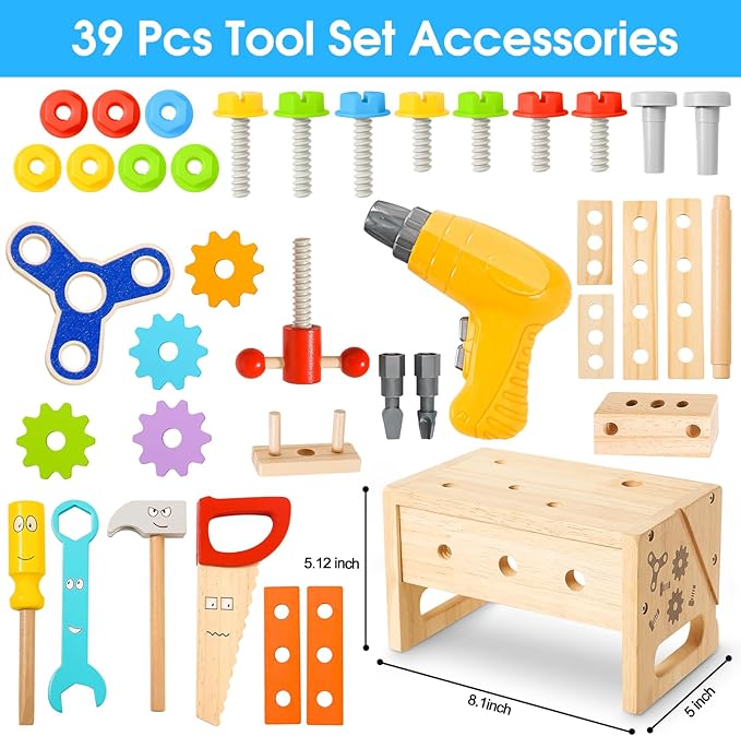 Kids Tool Set Toy with Drill, Wooden Toy for 2 3 4 5 Years Old Boy Girl, 37 Pcs Stem Montessori Toy for Learning Educational Construction Toy, Birthday Gift for Kids
