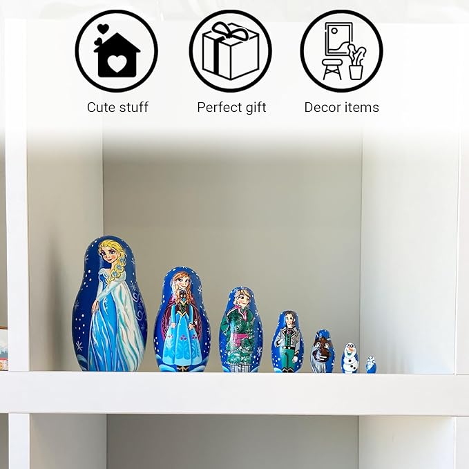 Matryoshka Russian Nesting Doll Babushka Beautiful Cartoon Characters Frozen Elsa Set 7 Pieces Pcs Wooden Hand Painted Souvenir Craft Gift