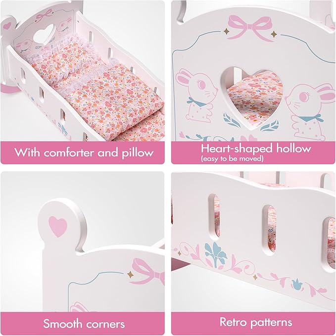 ROBUD Wooden Baby Doll Crib, Baby Doll Bed Toys, for Dolls Up to 18 Inch, Doll Accessories - with Mattress, Pillow, Quilt, Gift for Boys & Girls, Ages 3+