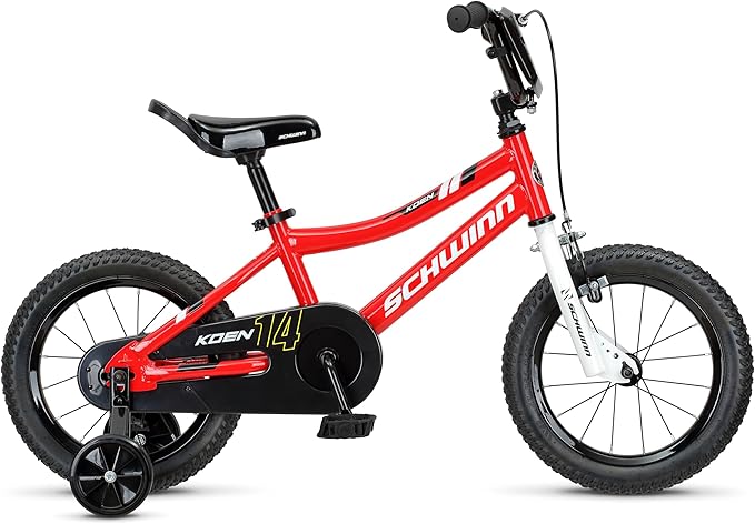 Schwinn Koen BMX Style Toddler and Kids Bike, For Girls and Boys, 14-Inch Wheels, With Saddle Handle, Training Wheels, Chain Guard, and Number Plate, Recommended Height 36-40 Inch, Red