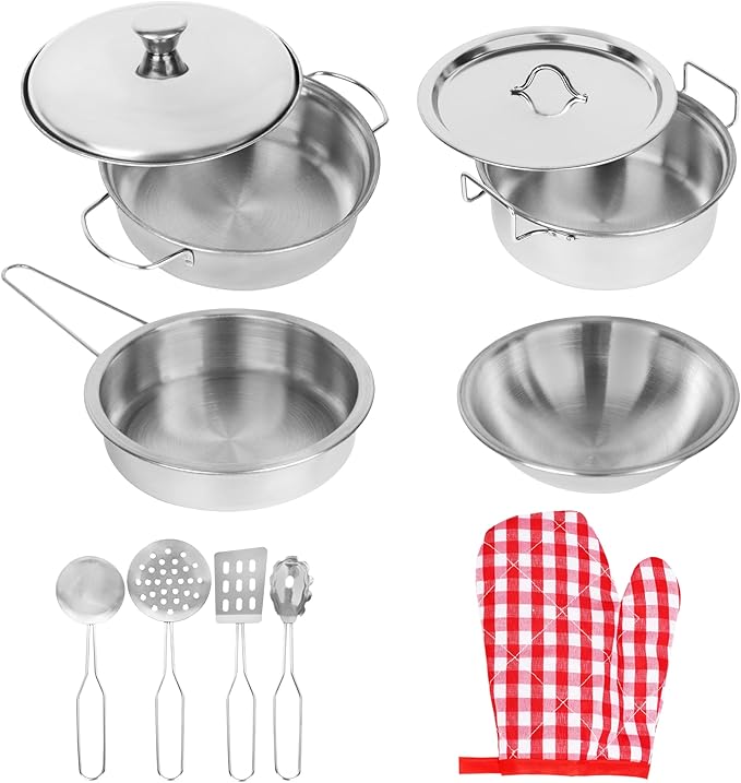 Playkidz Stainless Steel Pots and Pans - Toy Cookware 9 Piece Playset for Kids Pretend Play House - Great Birthday Gift for Girls
