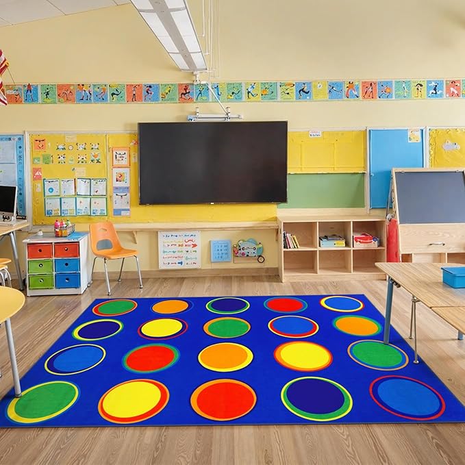 LIVEBOX Sitting Spots Kids Classroom Rug, Washable School Learning Area Rugs, Colorful Preschool Kids Classroom Carpet Non-Slip Playroom Mat for Daycare Learning, 6'x9'(Seats-20)