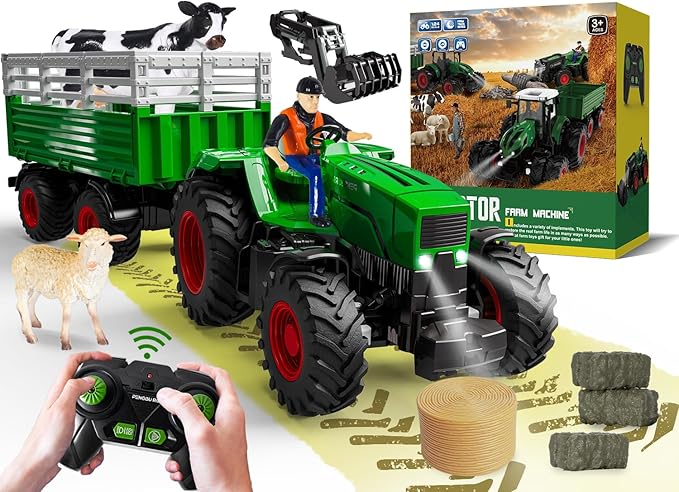 Remote Control Tractor Toys, RC Tractor Toys for Kids 3-5 & 5-7, Farm Animal Toys Set with Front Loader and Light, Farm Vehicle Toy Tractor Toy, Tractors for Kids Ages 4-8 Boys Girls Gift…