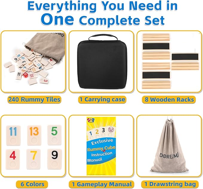 Deluxe Rummy Cube Game Set 6-8 Players with 8 Wooden Racks & 240 Rummy Tiles | Travel & Family Board Game for Adults and Kids