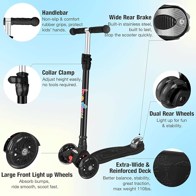 BELEEV A2 Scooters for Kids 3 Wheel Kick Scooter for Toddlers Girls Boys, 4 Adjustable Height, Lean to Steer, Light up Wheels, Extra-Wide Board, Easy to Assemble for Children Gift Sport Toys Ages 3-12