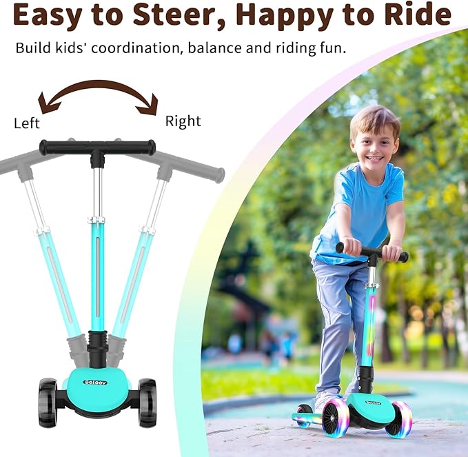 BELEEV A9 Kids Scooter with LED Light-Up Wheels & Deck, 3 Wheel Folding Scooter for Toddlers Girls Boys Ages 3-12, Adjustable Handlebar, Lean to Steer, Extra-Wide Wheels, Kick Scooter for Children