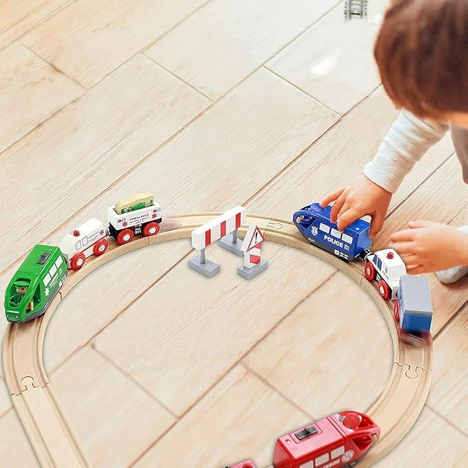 Wooden Train Set for Toddlers Battery Operated Action Rescue Trains with 3 Magnetic Motorized Engines and 6 Cars, Compatible with Thomas, Brio, Melissa and Doug