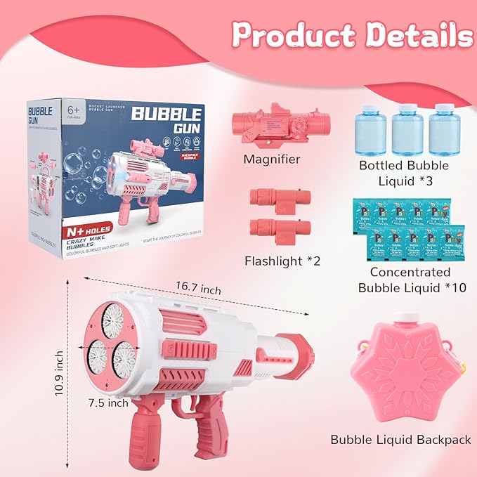 Bubble Gun, Upgrade Gatling Bubble Machine Gun Portable Bubble Maker with Backpack, Anti-Leakage Bubble Blower Gun Gifts for Boys Girls Age 3 4 5 6 7 8 9 10 11 12 Years Old (Pink)