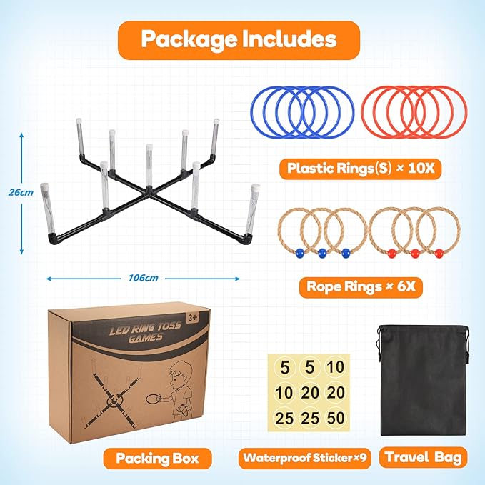 Outdoor Games for Game Night: FunforFun! Upgraded 30-Inch LED Ring Toss Game with 26 Rings Yard Games for Adults Kids Easter Gifts Outdoors Toys for Beach Lawn Games for Party Ideal