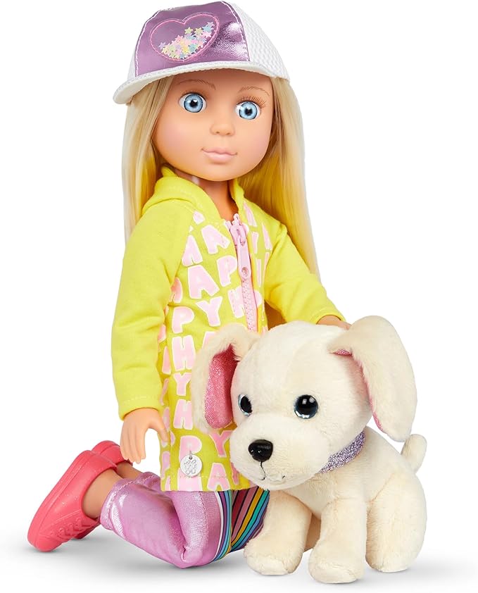 Glitter Girls – 14-inch Doll & Pet – Blue Eyes & Blonde Hair-Plush Golden Retriever Pup – 3 Years + – Lora & Cleo