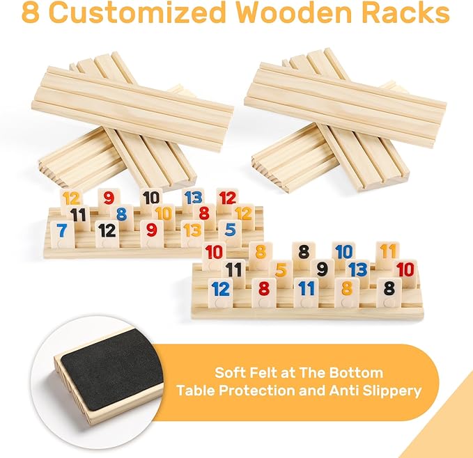 Rummy Cube 8 Player Edition with 8 Wooden Racks/Trays, 214 Large Numbers Rummy Tiles 6-8 Players Set with Zippered Case, Rummy Travel Game Set with 8 Tiles Holders for Family Adults Kids