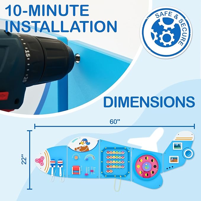 Monläurd® Wooden Airplane Activity Wall Panel for Kids, Wall Toys for Toddlers 1-3, Playroom Toys, Daycare Furniture, Montessori Busy Board