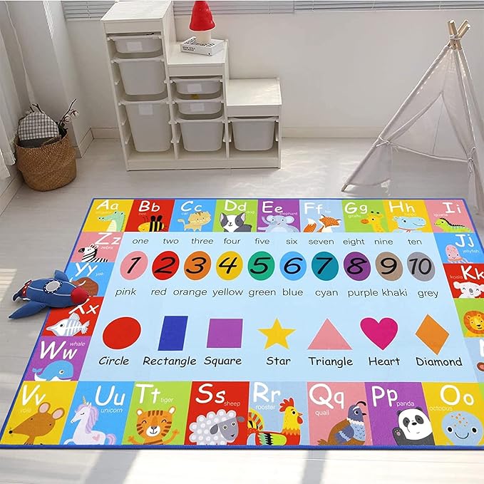 HEBE Kids Play Rug 3'4"x5' ABC Alphabet Numbers Shapes Educational Kid Area Rug Washable Baby Crawling Mat Non Slip Kid Play Mat Carpet for Girl Boy Bedroom Playroom