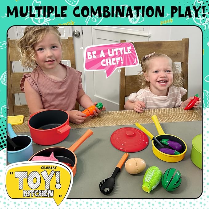 GILOBABY Play Kitchen Accessories, Play Food Sets for Kids Kitchen Playset with Pots and Pans Set, Cooking Utensils, Preschool Learning Education Toys for Toddlers, Birthday Gifts for Girls (Red)