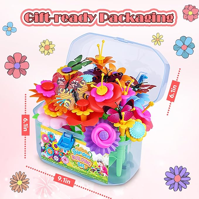 FUNZBO 109pcs Flower Garden Building Toy Set - Spring Toys for 3 4 5 6 7 Years Old Girl, STEM Montessori Educational Toy for Kid Toddler, Sorting & Stacking Building Block Birthday Gift