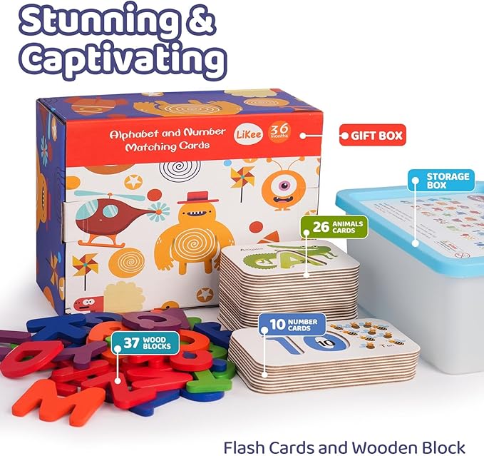 LiKee Alphabet Flash Cards Wooden Letter Puzzle ABC Sight Words Matching Games Counting Board Preschool Educational Montessori Toys for Toddlers Boys Girls 3+ Years (36 Cards& 37 Wood Pieces)