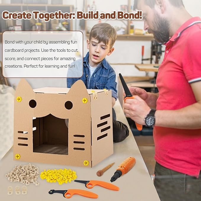 Cardboard Construction Kit - 425 PCS Kids Building Set with Safe Serrated Cutter, Crease Roller, Screws & Nuts, STEM Upcycled Tool for DIY Cardboard Projects, Engineering & Creativity
