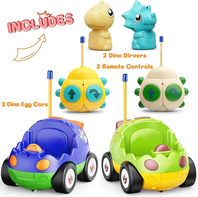 2 Pack Dinosaur Toys Remote Control Cars for Toddlers Ages 2 3 4 5 6, Christmas Birthday Gifts for 2-5 Year Old Boys, Dinosaur RC Car Toys with Music and Lights (Green Blue)