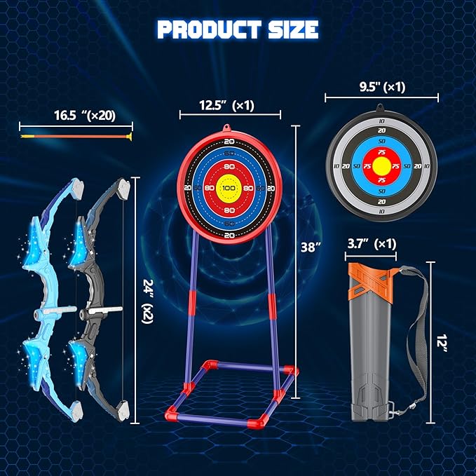 2 Pack Kids Bow and Arrow, 20 Suction Cup Arrows, 2 Archery Targets&Quiver, Light-up Set for 4 5 6 7 8 9 10 11 12 Year Old, Indoor Outdoor Toys for Ages 5-7 8-13 Boys Girls(Black & Blue)