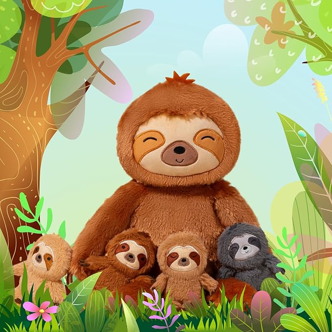 OUOZZZ Sloth Stuffed Animal with Babies Inside - 19" Plush Toy with 4 Baby Sloths - Gift Present Toys for Girls, Boys, Kids, Toddler