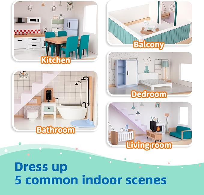 Wooden Dollhouse for Kids, Doll House with Simulated Luxury Furniture Set, Dollhouse Playset for Girls Toddlers (Including 4 Family Dolls and a Dog)