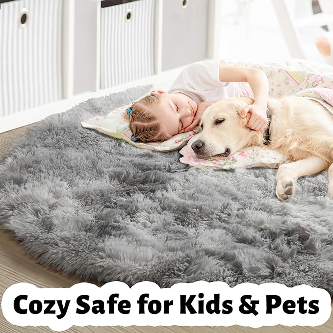 Amdrebio Tie-Dyed Light Grey Round Area Rugs for Living Room, 6x6 Ft, Soft Large Circle Rugs for Bedroom, Big Shag Fluffy Fuzzy Carpet for Kids Room, Modern Floor Circular Rug, Furry Farmhouse Rug