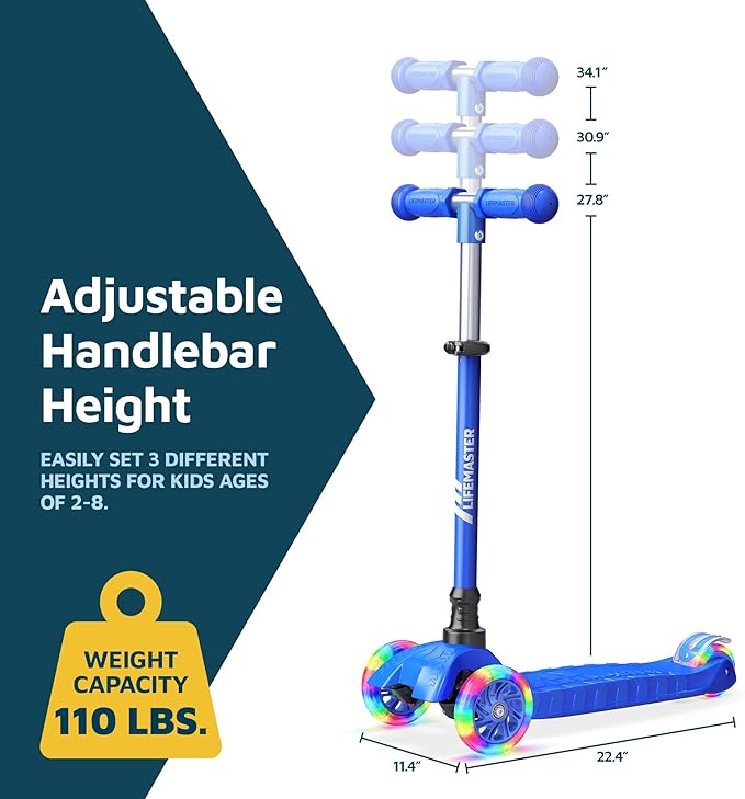 Kids Scooter – Children and Toddler 3 Wheel Kick Scooter – LED Wheel Lights Illuminate When Rolling– Adjustable Handlebar – Indoor and Outdoor