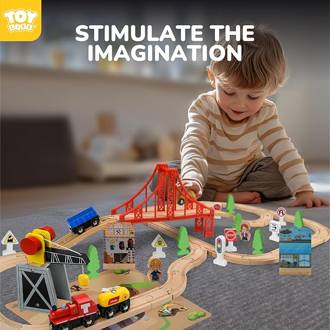 TOY Life Wooden Train Set 80pcs with Magnetic Crane, Wooden Train Tracks Toys for Toddlers Boys Girls 3 4 5, 3 Year Old Boy Gift, Wood Toys Toddler Train for Kids 4-8 - Fits Thomas Brio Chuggington