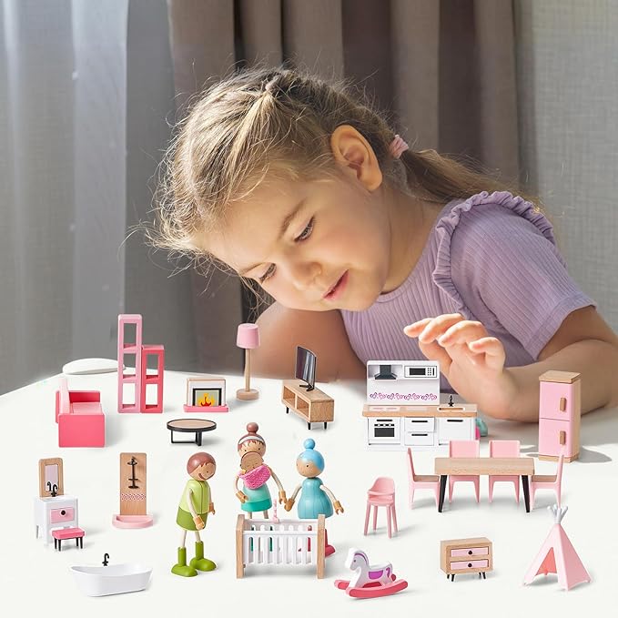 Giant bean 36pcs Wooden Dollhouse Furniture Set with Dolls for 5 Rooms, Wood & Plastic Pink Dollhouse Accessories Pretend Play Furniture Toy Christmas Birthday Gift Toy for Kids Boys Girls Toddler 3+
