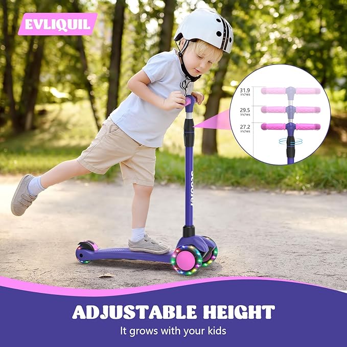 Kids Scooter,LED Lighted Wheels and 3 Adjustable Height Handlebars Scotters for Kids 3-12,3 Wheel Toddler Kick Scotter for Boys & Girls up to 132 Lbs.