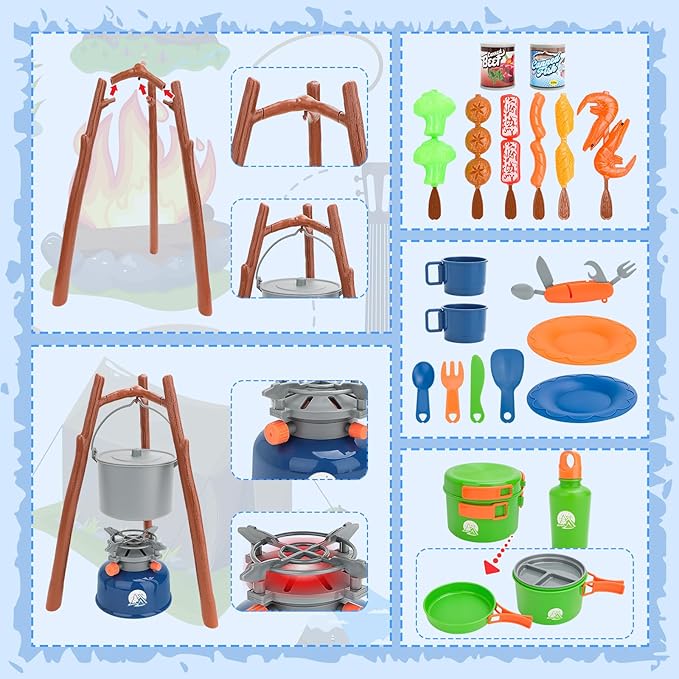 deAO Kids Camping Toys Set with Pop Up Play Tent,32 PCS Outdoor Pretend Camping Toys with Light & Spray for Kids Boys Girls Age 3 4 5 6, Gift for Kids